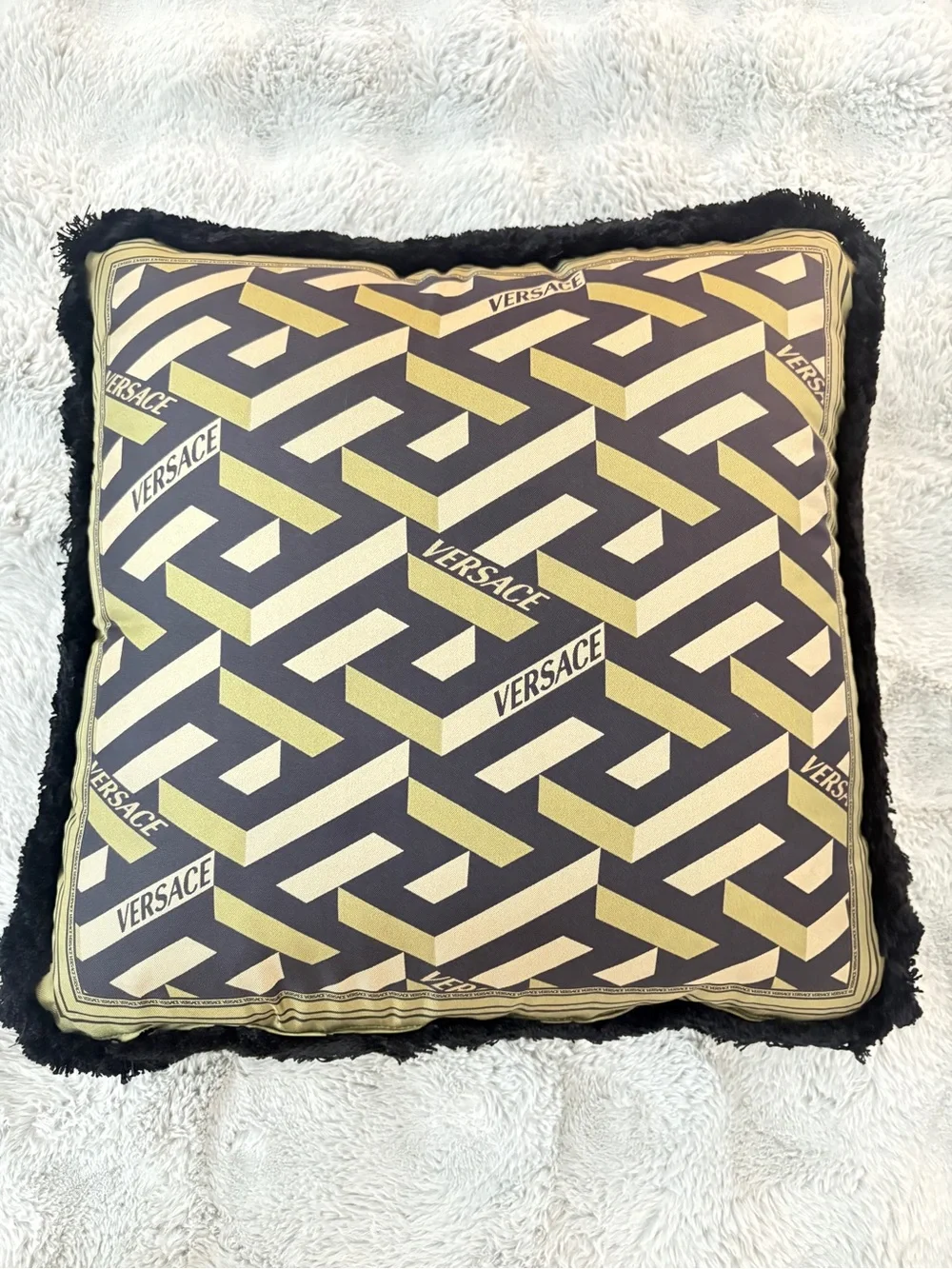 Versace Gray Pillow with Neon Lime Smiley and Pink Logo